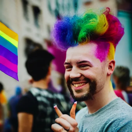 Image similar to a portrait of a happy queer man at pride with rainbow hair and painted nails, rendered in octane, shallow depth of field