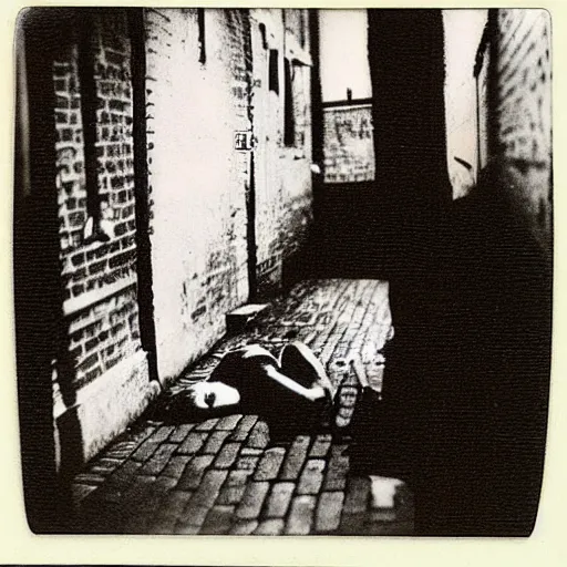 Prompt: retro Polaroid photograph of a crime scene of the serial killer Jack the Ripper, unsettling, creepy, horrific, gruesome