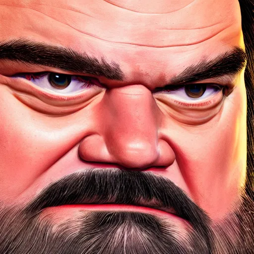 Image similar to beautiful close up still portrait of jack black, highly detailed, realistic, volumetric lighting, 8 k, art, detailed, digital painting, beautiful lighting, vivid colors, intricate, elegant, smooth, sharp focus