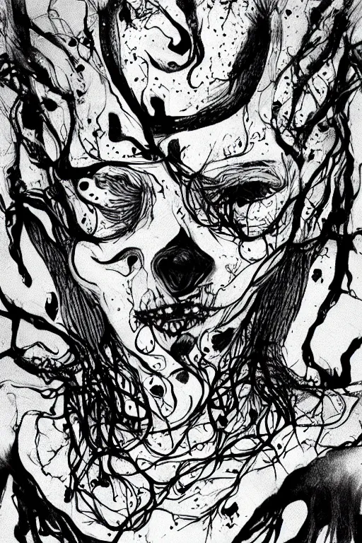 Prompt: black and white illustration, creative design, body horror, monster