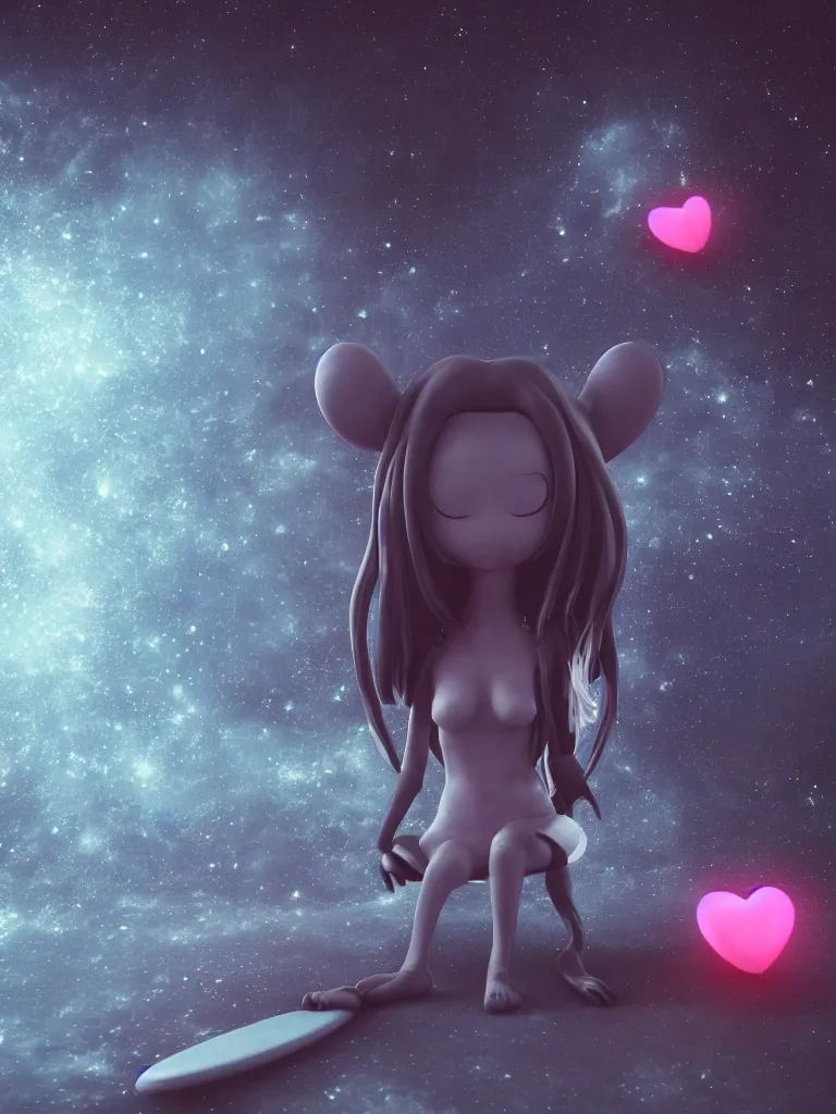 Image similar to cute fumo plush gothic maiden alien girl sitting on a surfboard in the dark galactic abyss, heart eyes, vignette, vray