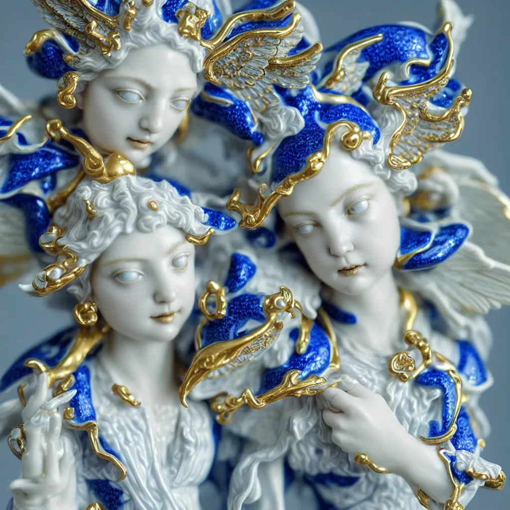 Prompt: a closeup photo - real delicate ceramic porcelain sculpture of an ornate detailed of an angel in front of an intricate background by rafael, micro detail, backlit lighting, subsurface scattering, translucent, thin porcelain, octane renderer, black and blue and gold jewelry, physically based rendering, trending on cgsociety