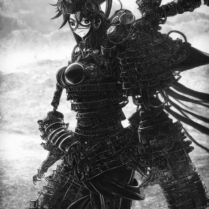 Image similar to a vertical portrait of a manga character in a scenic environment by nihei tsutomu, black and white, dreamy, steampunk armor, highly detailed, 3 d render, vray, octane