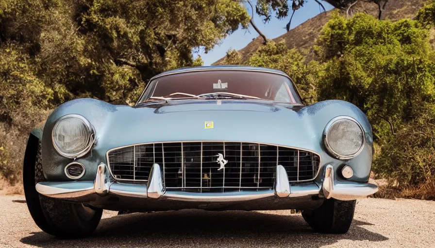 Image similar to photograph, 1958 FERRARI 250 GT, by Pete Biro, Peter Singhof, press release, cinematic, malibu canyon, 8k, depth of field, bokeh. rule of thirds, copper paint