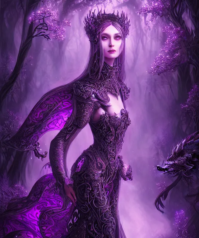 Image similar to ultra detailed, magical realism, portrait painting, of the beautiful empress in black dragon armor within the enchanted purple forest, glowing purple, volumetric lighting, illusion, intricate details, by ross tran.