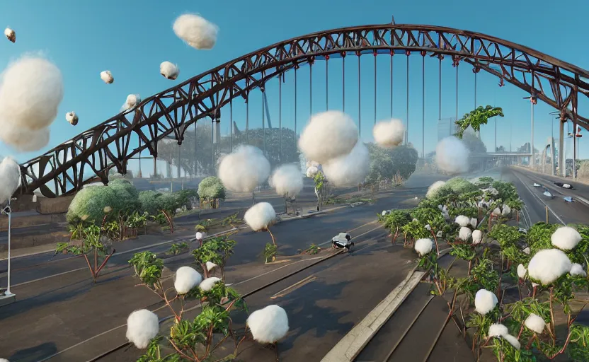 Image similar to explosions in the form of realistic cotton plants hit big harbour bridge, smooth, sharp focus, highly detailed, 3 d octane render, epic lighting, 8 k, by goro fujita