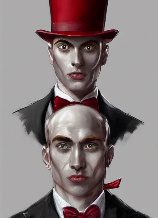 Prompt: a highly detailed illustration of stylish top hat wearing red haired attractive man, clean shaven, hyperdetailed face and eyes, wearing suit vest, nonchalantly leaning back pose, intricate, elegant, highly detailed, centered, digital painting, artstation, concept art, smooth, sharp focus, league of legends concept art, WLOP