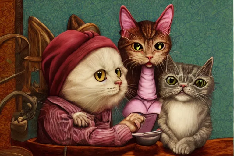 Image similar to old wizard cat painting, 3 d highly detailed, in the style of mark ryden