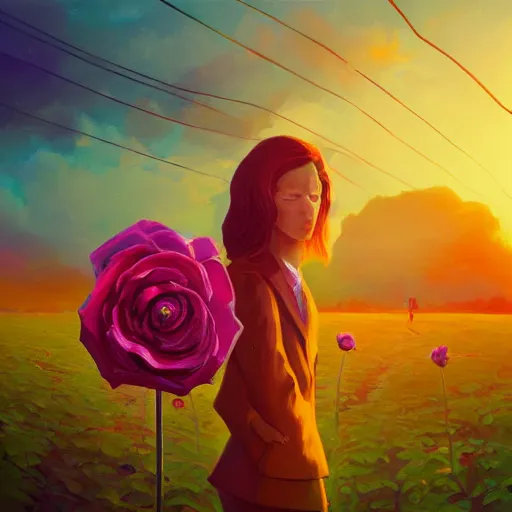 Prompt: closeup, giant rose flower head, frontal, girl in a suit, surreal photography, sunrise, dramatic light, impressionist painting, digital painting, artstation, simon stalenhag