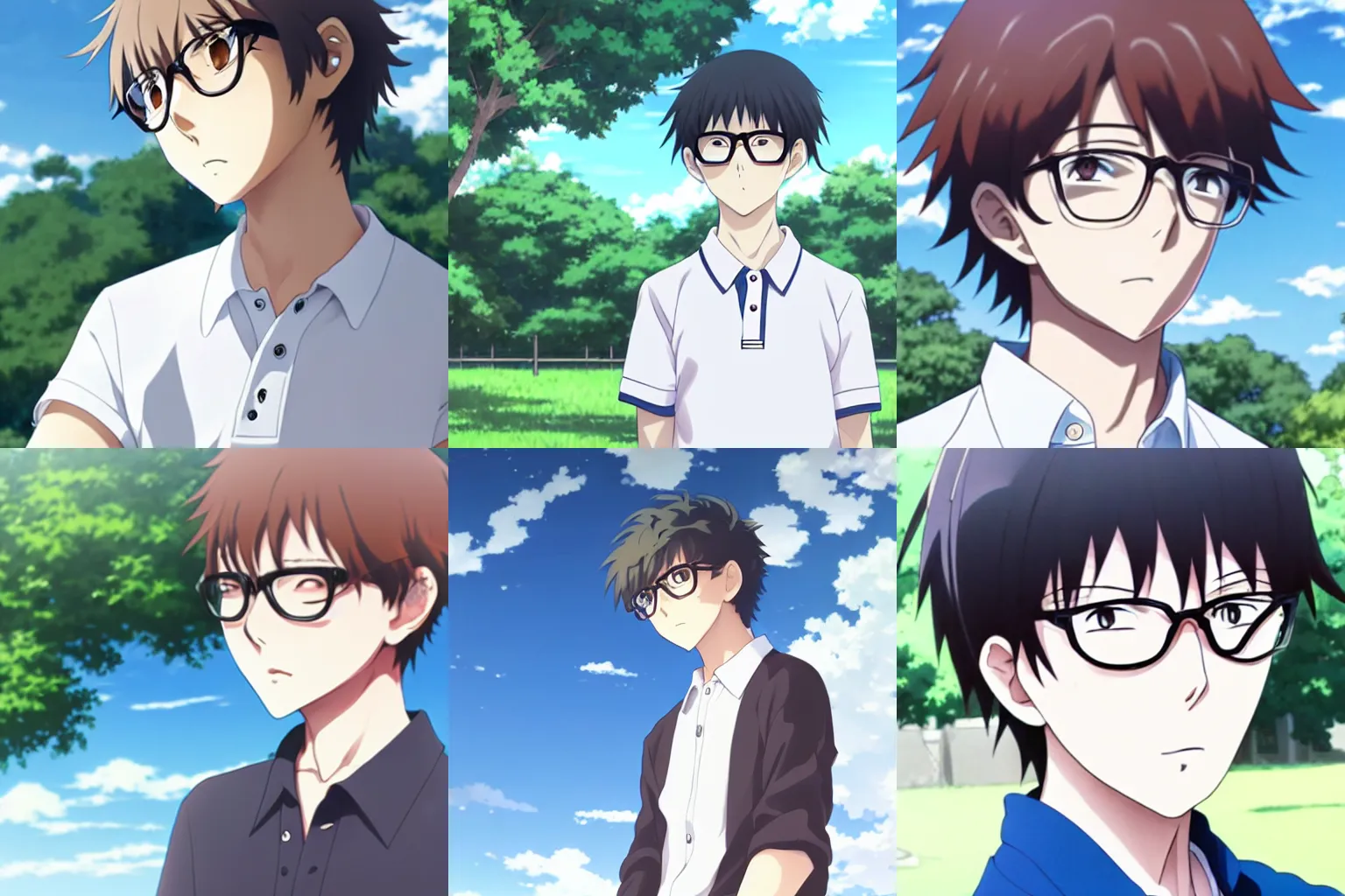 Prompt: a portrait: anime boy, wearing round glasses, melancholy look, wearing a white polo, outside on a summer afternoon, by ufotable studio