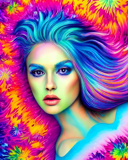 Prompt: ultra detailed realistic colorful acrylic pour flow painting of a iridescent - haired woman with striking eyes, professional makeup, girl in a bed of flowers, directed gaze, digital art by rhads, lisa frank, clint cearley, trending on artstation, psychedelic art, psychedelic, metaphysical, vibrant colors, mystical, digital illustration