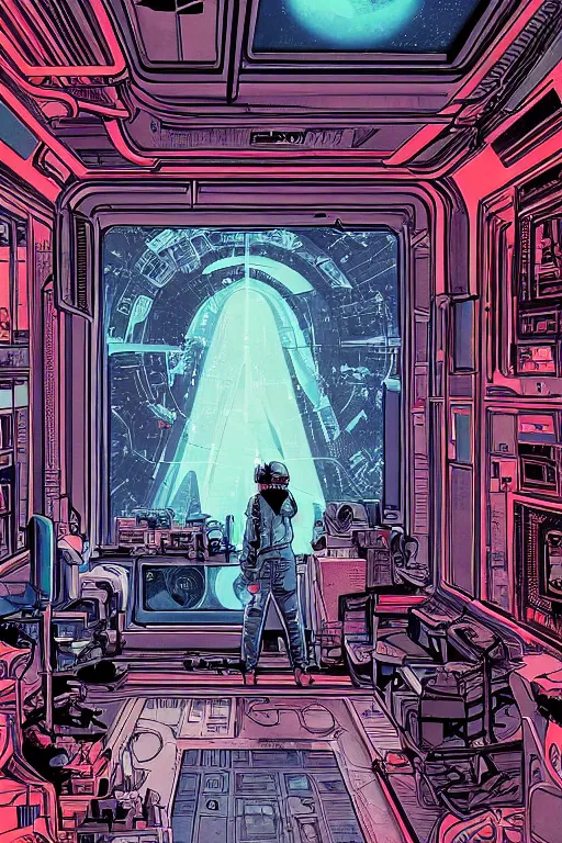 Image similar to Inside a room alien spaceship with large window that provide a scenic view of a huge planet can be seen in the background, Highly detailed labeled, poster, aesthetic, haeccety by Feng Zhu and Loish and Laurie Greasley