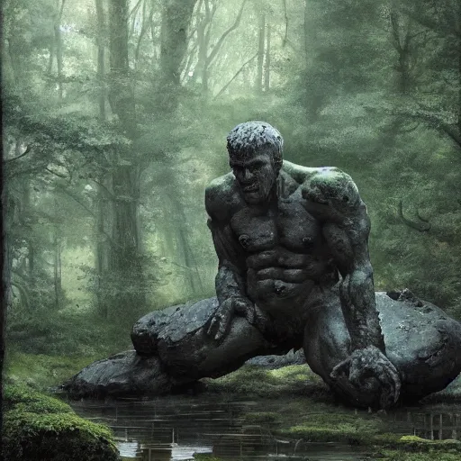 Image similar to ancient stone golem resting beside a pond inside a forest, muscular statue with moss, oil painting, by Greg Rutkowski
