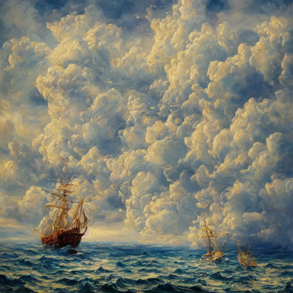 Prompt: 3d high relief painting of sea like jelly, Marshmallow clouds like sheep floating lightly in the air, Sailing ship,dreamy, soft , highly detailed, expressive impressionist style, painted with a palette knife, in the style of Yuri Anatolyevich Obukhovskiy