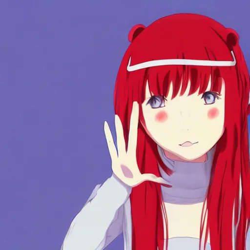 Prompt: A red haired anime girl doing a peace sign with her hands, digital art, illustration by Hayao Miyazaki