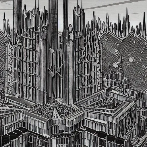 Prompt: a megalopolis in the style of brutalist gothic architecture