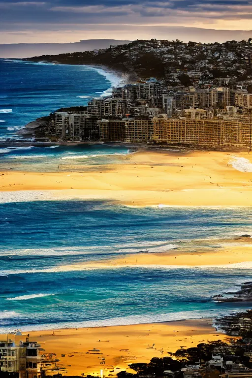 Image similar to View from Bondi Beach balcony, golden hour, depth of field, high resolution, award winning.