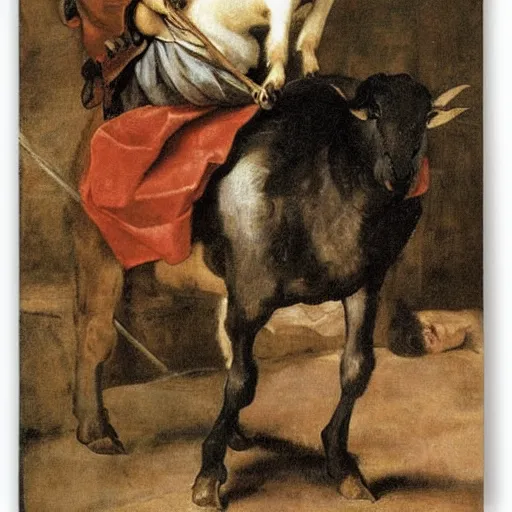 Prompt: court dwarf riding a goat, by diego velazquez