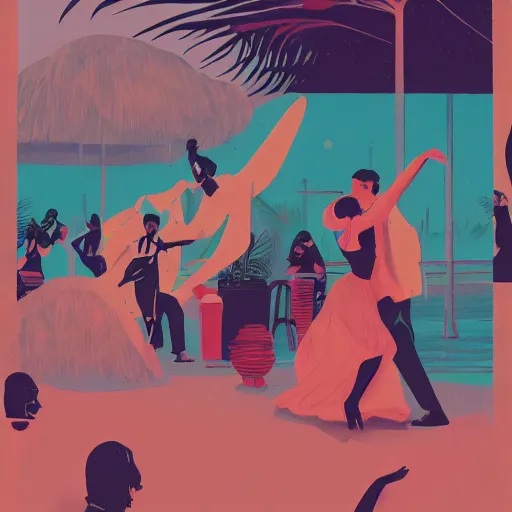 Image similar to a colorfully detailed comic noir illustration of tango dancers in a desert beach oasis by Sachin Teng, dark vibes, high contrast, pastel lighting, cinematic, depth of field, 8k