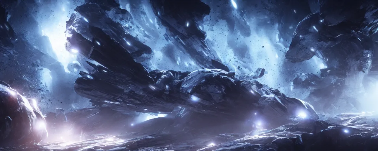 Image similar to a dark epic swirling galaxy, dark scifi, unreal engine, octane render, volumetric lighting