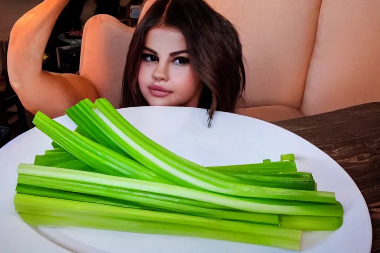 Image similar to selena gomez made out of celery, a human face with celery for hair, celery in the shape of a human face, a bunch of celery sitting on a cutting board, professional food photography