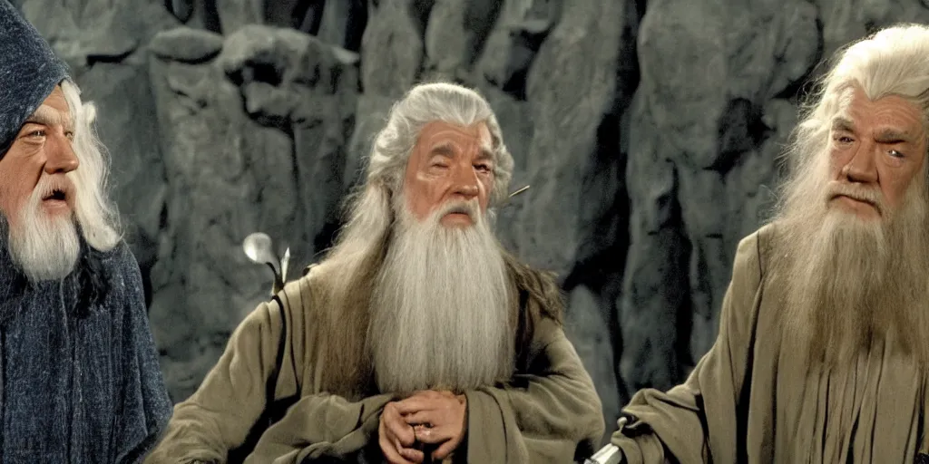 Prompt: Gandalf in the role of Captain Kirk in a scene from Star Trek the original series