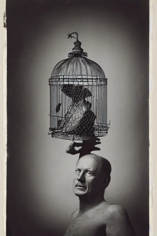 Image similar to ultra realistic vintage photo portrait of a man with a birdcage through his body, by Irving Penn, with a birdcage through his chest