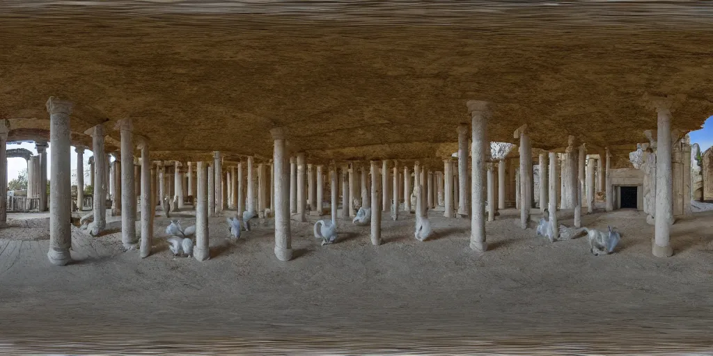 Prompt: Seamless Equirectangular projection of a 360 view inside a byzantine temple with rabbits roaming