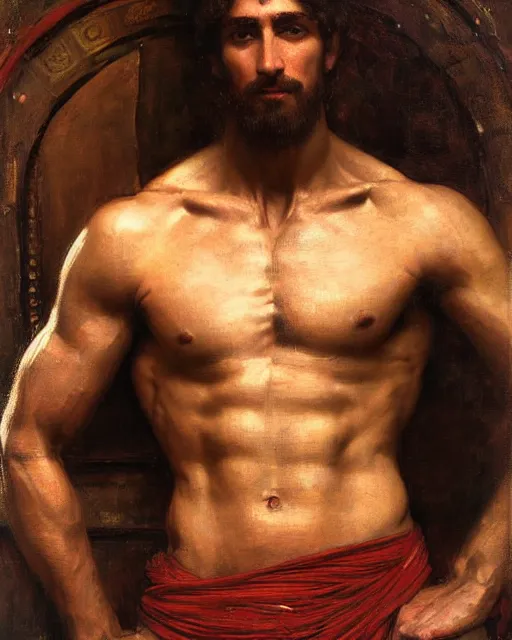 Prompt: muscular male, orientalist intricate portrait by john william waterhouse and edwin longsden long and theodore ralli and nasreddine dinet, oil on canvas. cinematic, hyper realism, dramatic lighting, high detail