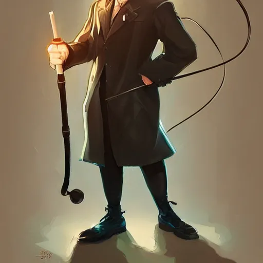 Prompt: distinguished gentleman with electrified walking cane, portrait, behance hd artstation, style of jesper ejsing