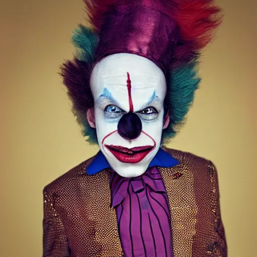 Image similar to uhd candid photo of krusty the clown wearing bizarre clown makeup, intricate clown costume. photo by annie leibowitz photorealistic hyperdetailed