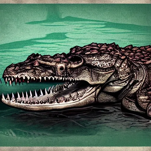 Image similar to digital art, a dissected crocodile with skin of water, muscles of fire and bones of aluminum