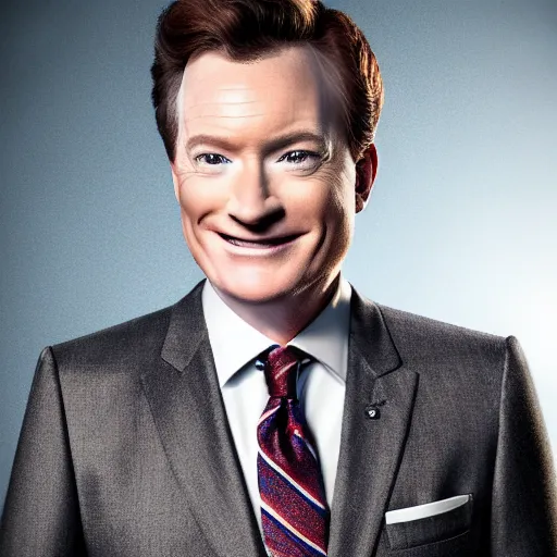 Image similar to photo portrait of the lovechild of conan o'brien, stephen colbert, jimmy kimmel, jimmy fallon, and seth meyers, realistic, hyperrealistic, 8 k resolution, hd quality, very detailed, highly detailed, intricate details, real life, real world, trending on artstation, digital art, really realistic, very realistic, headshot, head in frame, photograph, portrait