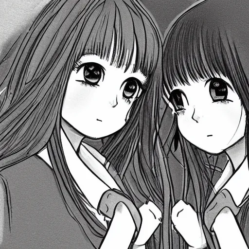 Image similar to portrait of two girls kissing, detailed manga art