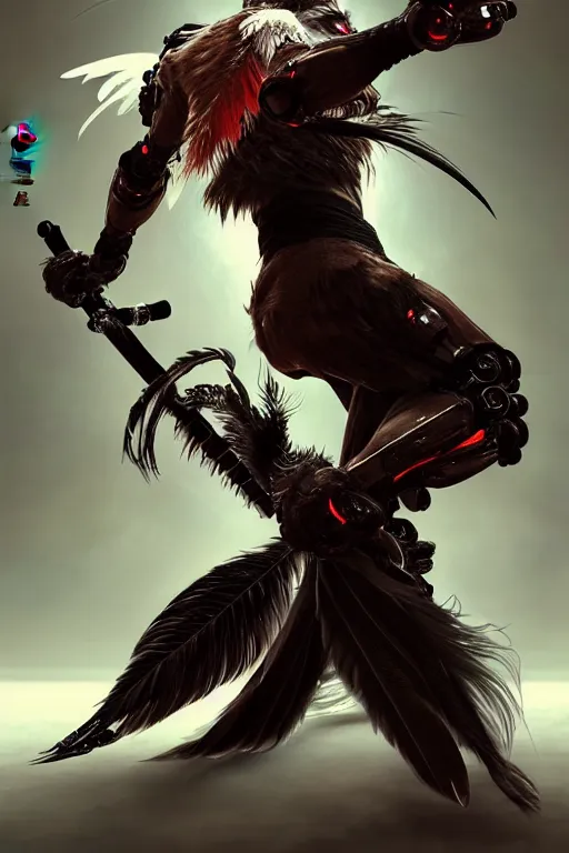 Image similar to Tekken 4 fighter anime Stunning Portrait Robot Owl with feathers all over its body, short black feathers with a samurai sword on its back, in a fighting stance, digital painting, artstation, concept art, soft light, hdri, smooth, sharp focus, illustration, art by tian zi, craig mullins, Mark Arian, WLOP, alphonse mucha