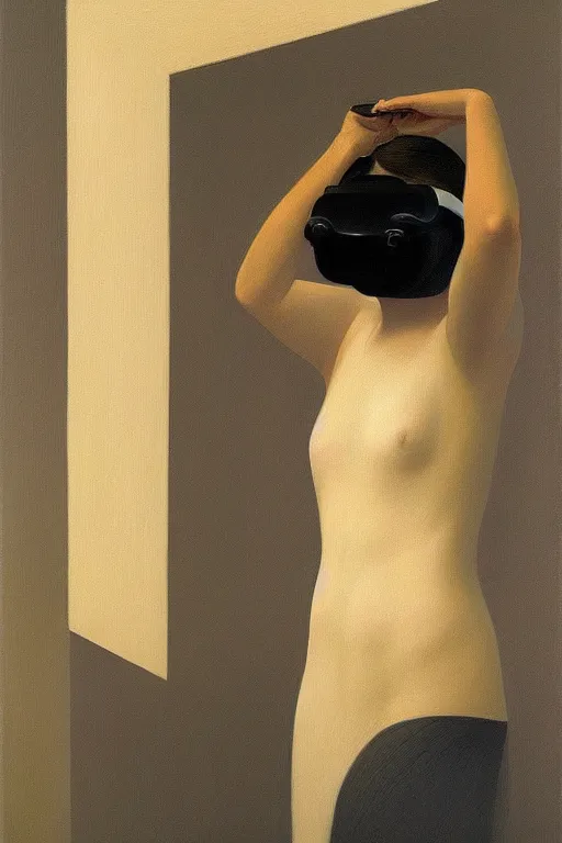 Image similar to Woman wearing oculus and toilet paper over his head, Edward Hopper and James Gilleard, Zdzislaw Beksisnski, highly detailed