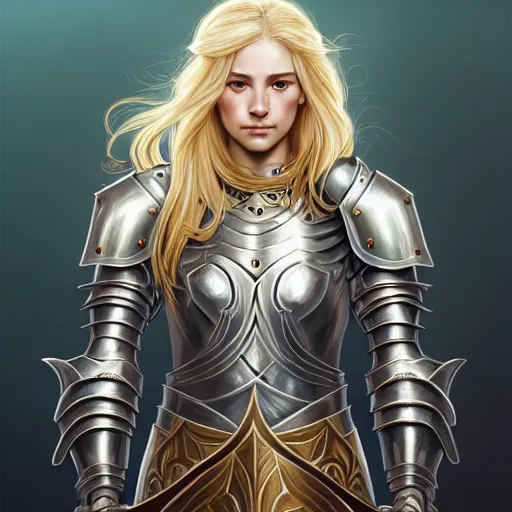 Image similar to Portrait of a female Paladin with blonde hair wearing a heavy knight armor, face, fantasy, intricate, elegant, highly detailed, digital painting, artstation, concept art, smooth, sharp focus, illustration, art by Wei Fan and Fernanda Suarez and Artem Demura and alphonse mucha