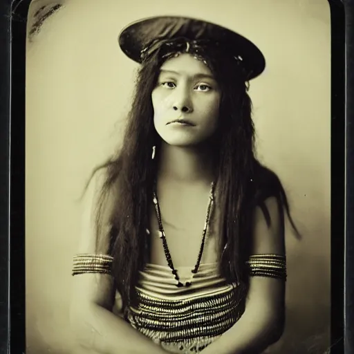 Prompt: an analog 120mm film portrait of a Comanche woman mid-twenties, attractive, alluring, powerful 1860, cinematic, long hair, glass plate photography, hq, detailed, realistic