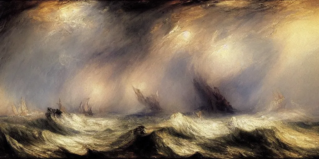 Prompt: A painting of a ship at sea, in a storm, by J.M.W. Turner
