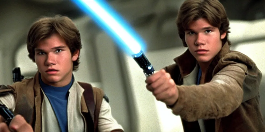 Image similar to a full color still of a teenaged Han Solo holding a lightsaber hilt, cinematic lighting, 1999, directed by Steven Spielberg, 35mm