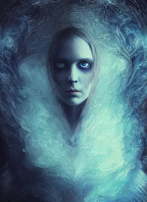 Image similar to Her huge ominous glowing blue eyes staring into my soul , perfect eyes, realistic face, intricate stunning highly detailed, agostino arrivabene, WLOP, twisted dark lucid dream, 8k portrait render, raven wings, swirling thick smoke , beautiful lighting, dark fantasy art, cgsociety