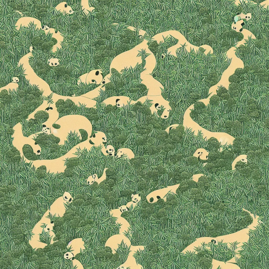 Image similar to isometric view illustration of a bamboo forest and panda, highly detailed mid day by victo ngai