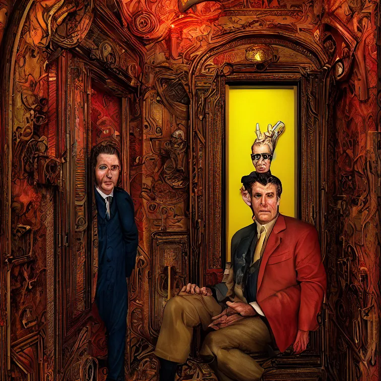 Image similar to professional octane render portrait by wayne barlow and carlo crivelli and glenn fabry, a sinister man in a bright colorful saturated wes anderson elevator operator costume inside a dark and moody vintage elevator in a high - end exotic vintage boutique hotel, very short depth of field