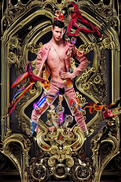 Image similar to full-body bladerunner neon rococo style sculpture of a handsome Spanish Nick Jonas as a half cibernetic android with a chest opening exposing circuitry and electric sparks, glowing laser beam eyes, crown of giant diamonds, flowing neon-colored silk, fabric, raptors. baroque elements. full-length view. baroque element. intricate artwork by caravaggio. many many birds birds on background. Trending on artstation, octane render, cinematic lighting from the right, hyper realism, octane render, 8k, depth of field, 3D