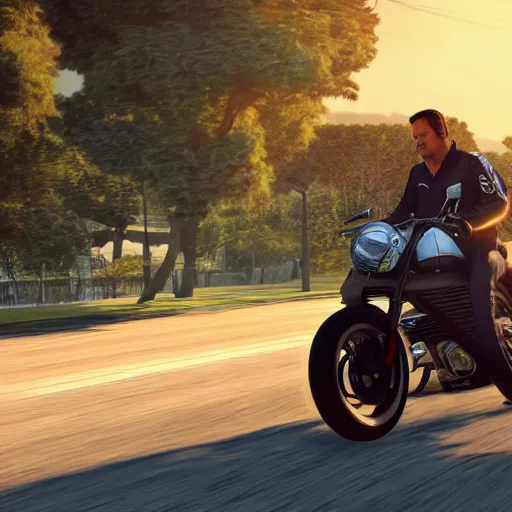 Image similar to a photo of jair messias bolsonaro driving a motorcycle at the sunset, octane render, unreal engine 5, high quality, highly detailed, close up photo, 8 k, hyperrealistic