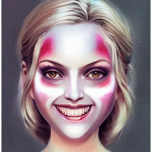 Image similar to android robot woman face painting, looking straight to camera, blond hair, muted colors, matte print, pastel colors, ornate, digital art, cute smile, winning artwork, digital painting, professional art, elegant, by Ilya Kuvshinov, by artgerm