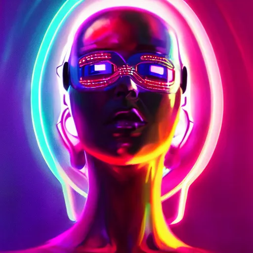 Image similar to portrait of a beautiful cyberpunk woman wearing a black leather jacket and a holographic visor. cyborg, sci - fi, stylish, colourful, digital painting, artstation, mood lighting, neon, vivid colour, sharp focus, reflections, film grain, depth of field