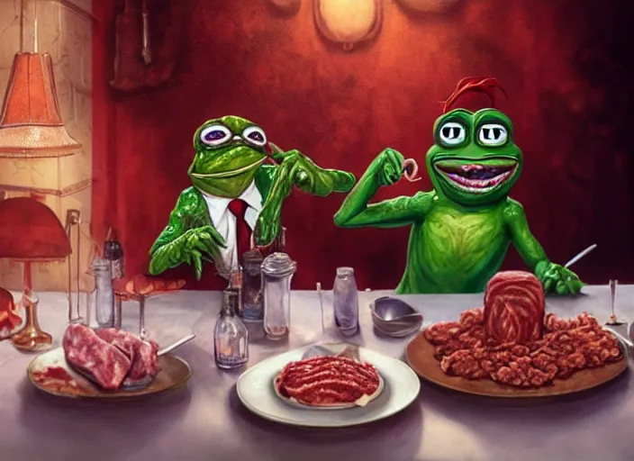 Prompt: hyper realistic detailed image of pepe the frog and peter the vampire in pennywise makeup in trattoria eating raw meat and ground beef with various drinks, by ayami kojima, amano, beeple, greg hildebrandt, and mark brooks, mystical, rich deep colors, cinematic light, long cinematic shot, extremely detailed, very coherent symmetrical artwork, 8 k
