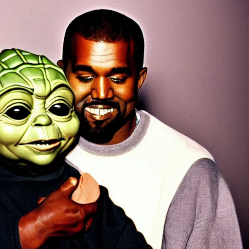 Image similar to kanye west smiling and holding yoda for a 1 9 9 0 s sitcom tv show, studio photograph, portrait