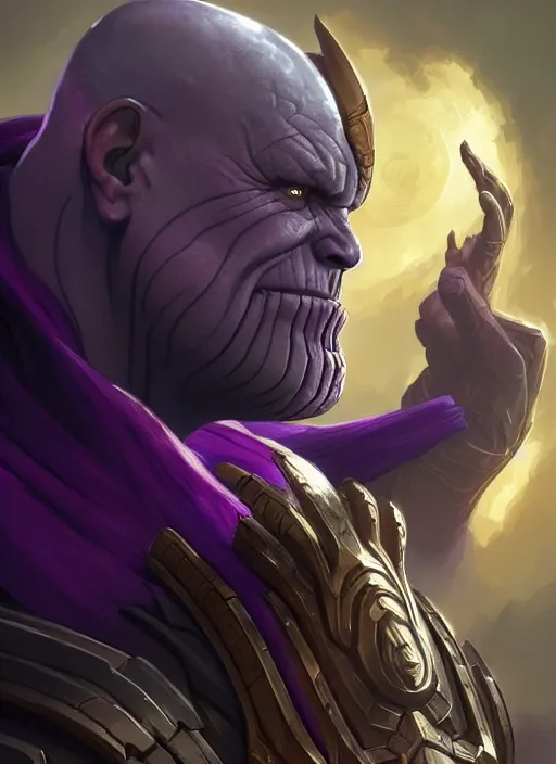 Image similar to thanos, d & d, fantasy, intricate, elegant, highly detailed, digital painting, artstation, concept art, matte, sharp focus, illustration, hearthstone, art by artgerm and greg rutkowski and alphonse mucha